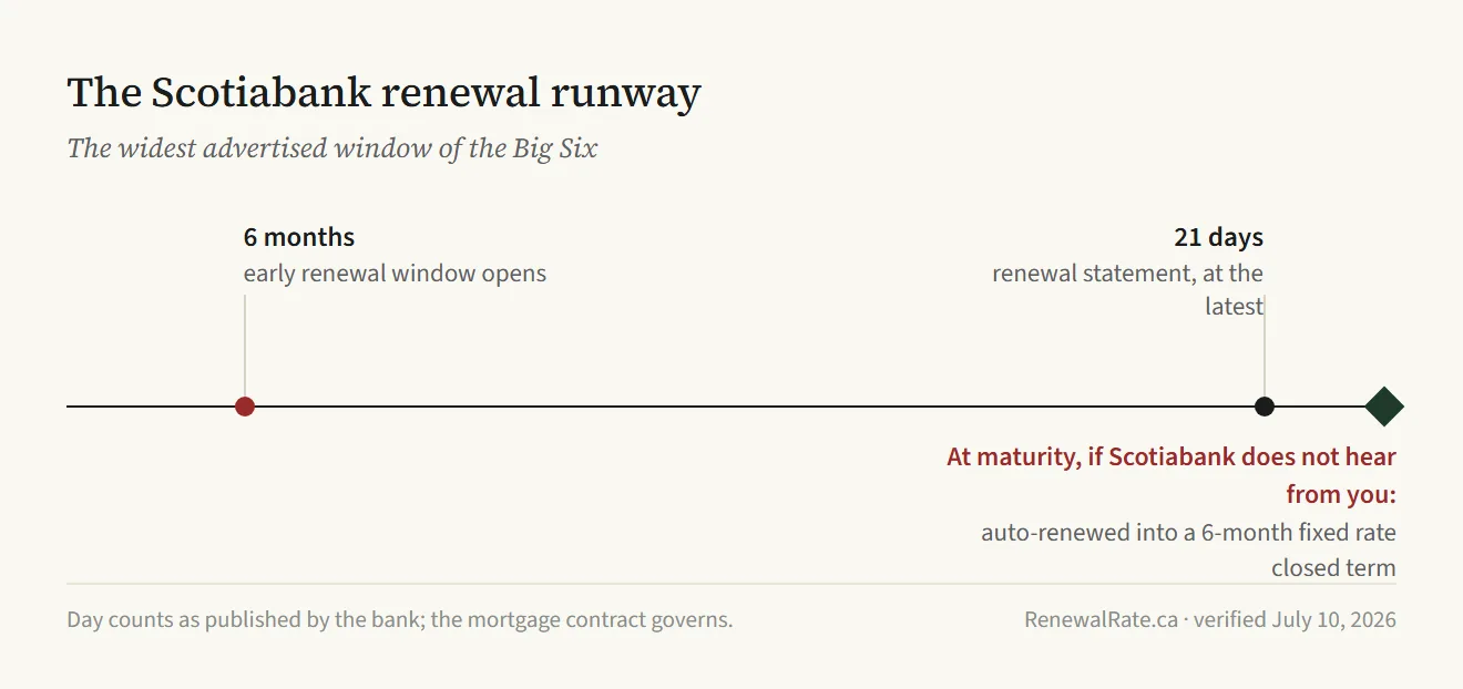 Timeline of the Scotiabank renewal runway: the early renewal window opens 6 months before expiry; the renewal statement arrives at least 21 days out; if Scotiabank does not hear from the borrower, the mortgage renews automatically into a 6-month fixed rate closed term.